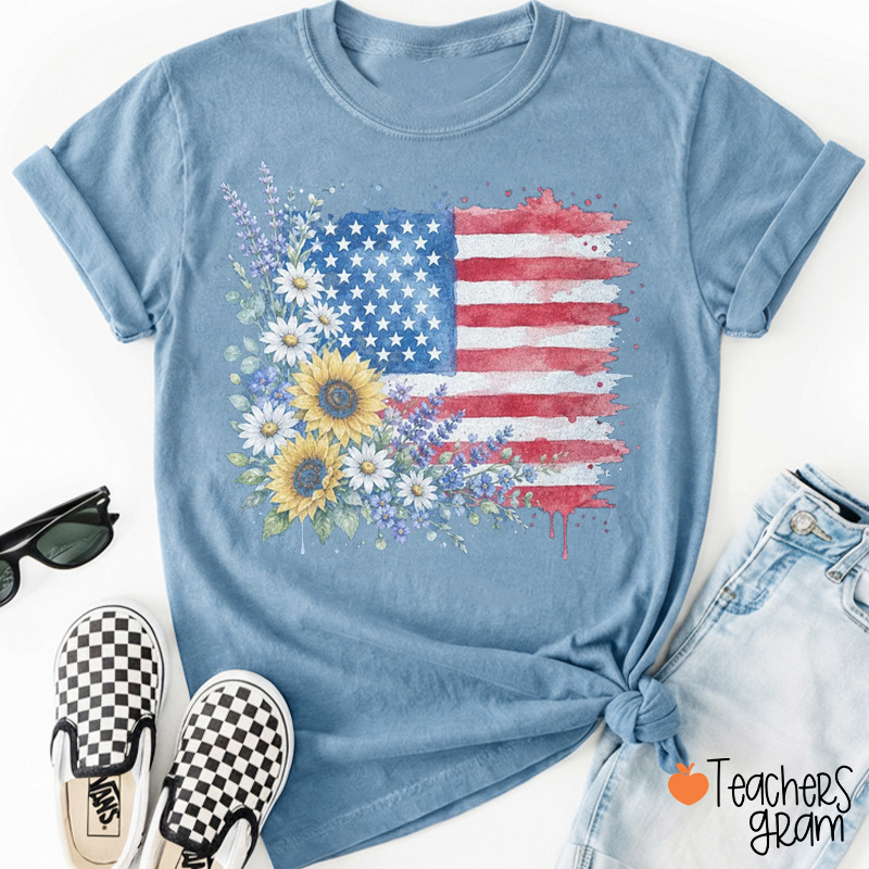 Watercolor Floral American Flag Teacher T-Shirt