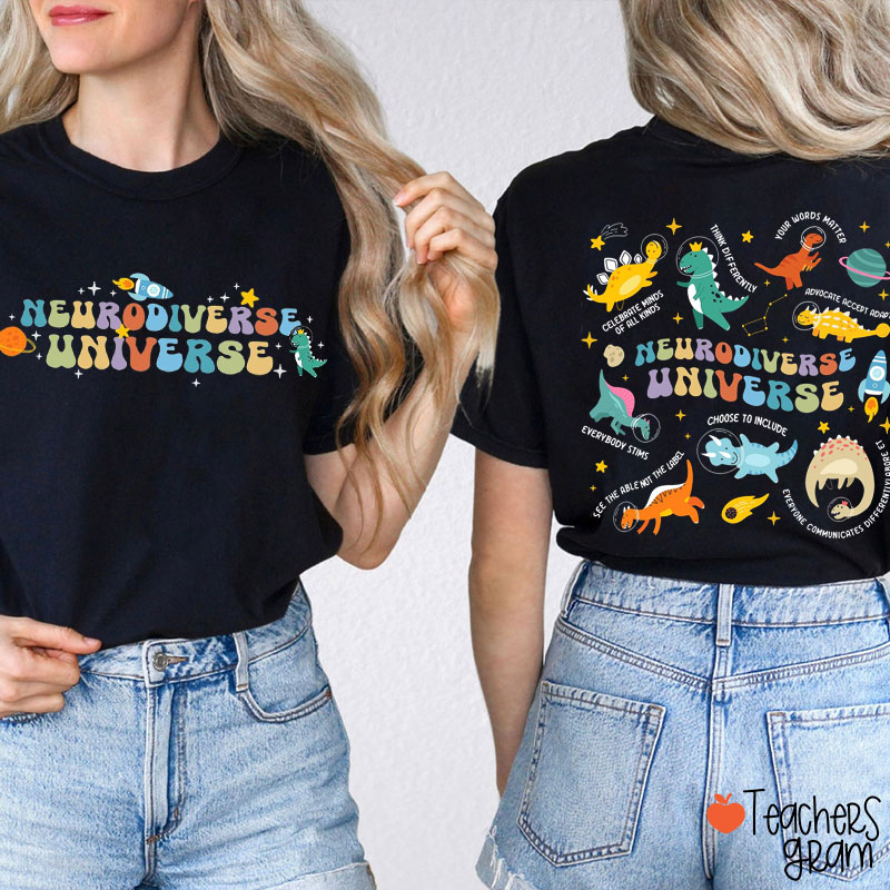 Neurodiverse Universe Cute Dinosaur Teacher Two Sided T-Shirt