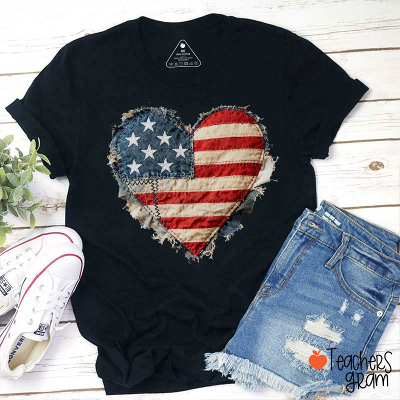 Faux Patchwork American Flag Heart Teacher T-Shirt