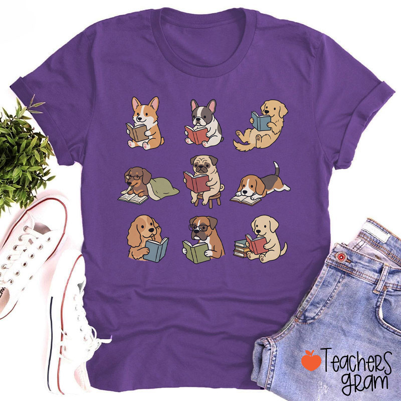 Multi Breed Reading Puppies Book Teacher T-Shirt