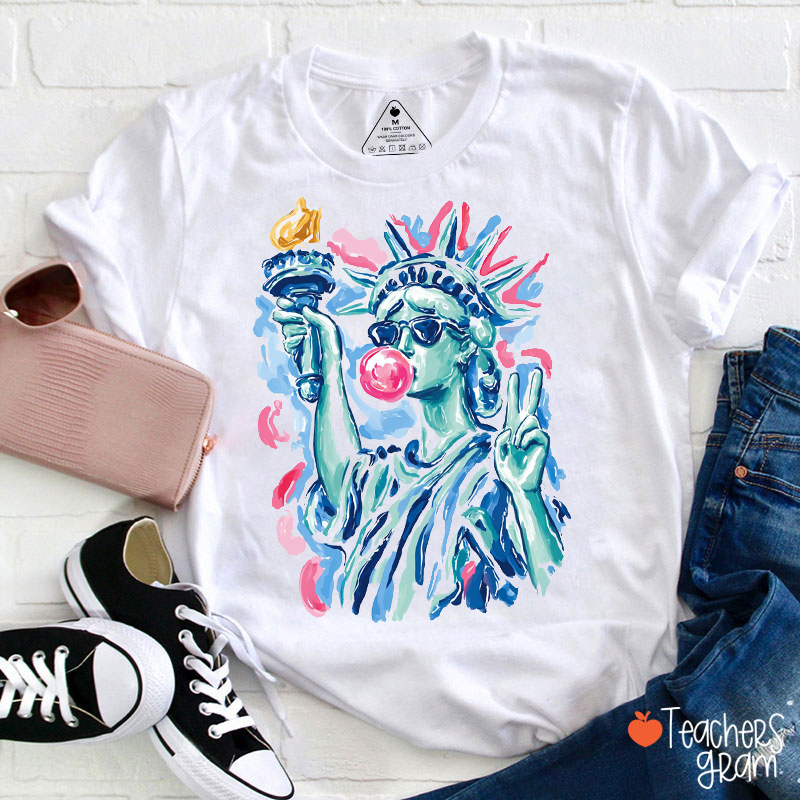 Preppy Statue Of Liberty Blowing Bubble Teacher T-Shirt