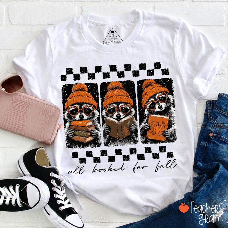 Checkered Fall Book Raccoon Teacher T-Shirt