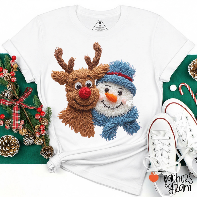 Faux Yarn Reindeer Snowman Teacher T-Shirt