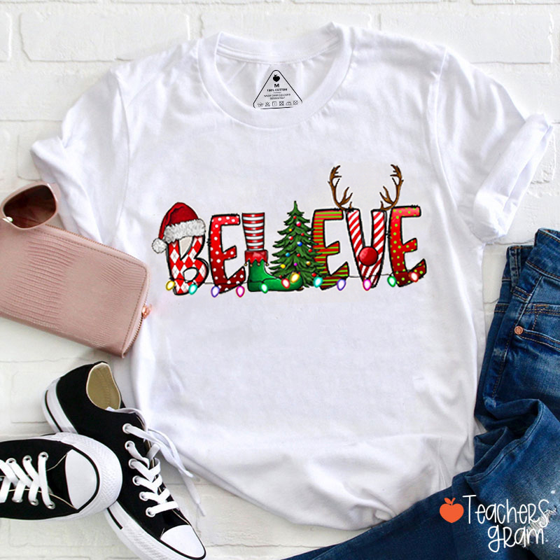Christmas Element Letters Believe Teacher T-Shirt