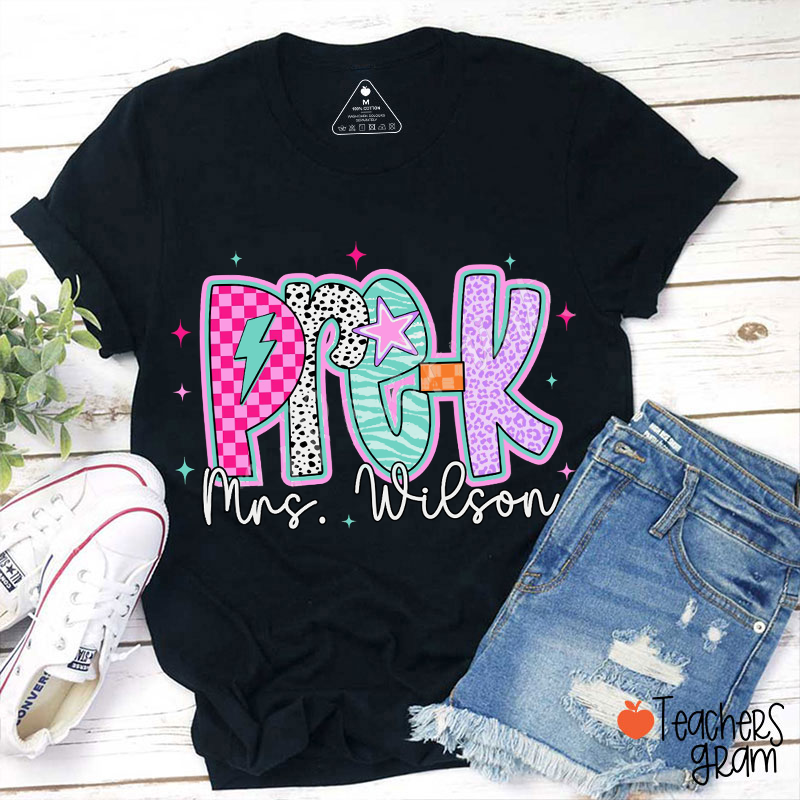 Personalized Neon Disco Pattern Font Teacher T-Shirt