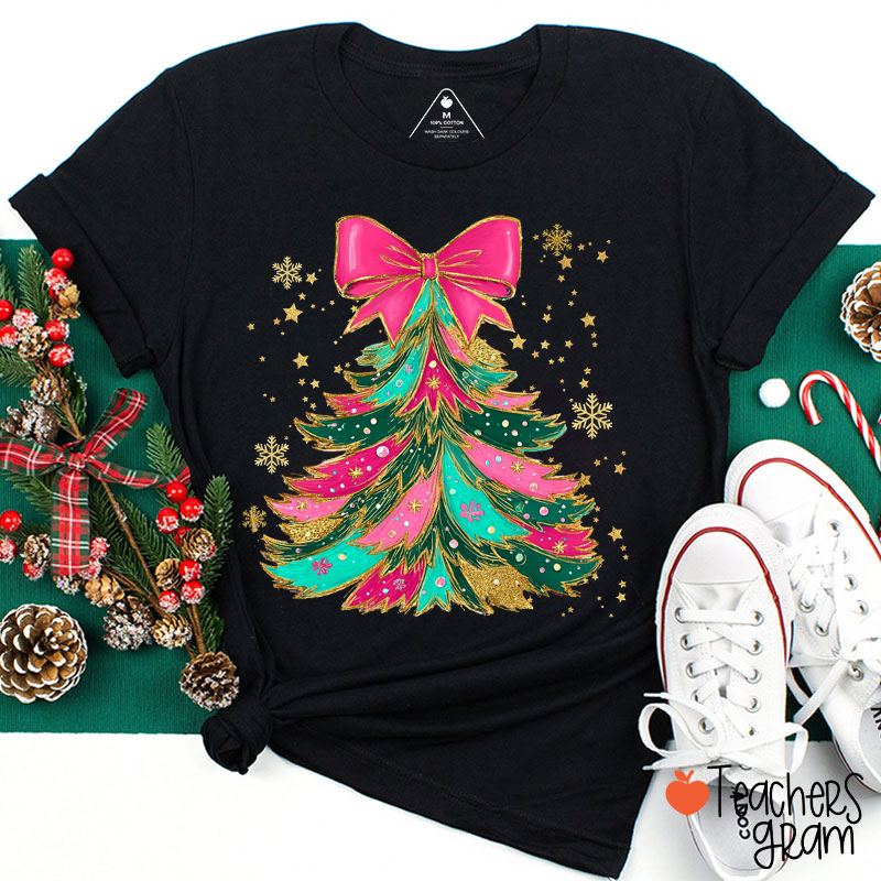 Faux Glitter Coquette Bow Christmas Tree Teacher T-Shirt