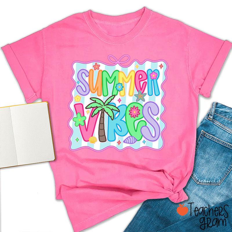 Summer Vibes Sunshine Beach And Coconut Trees Teacher T-Shirt