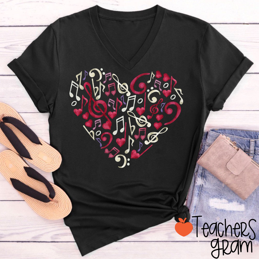 Musical Note Heart Teacher Female V-Neck T-Shirt