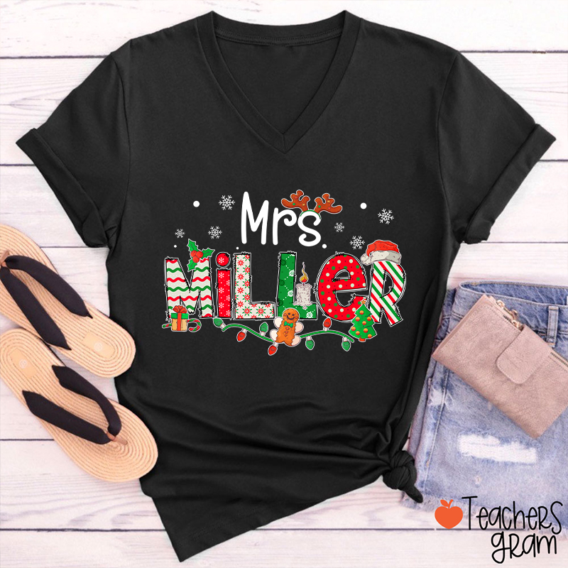 Personalized Teacher Name Christmas Teacher Female V-Neck T-Shirt