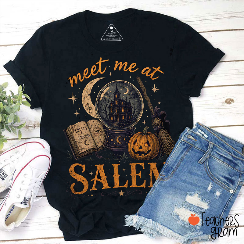 Meet Me At Salem Vintage Halloween Graphic Teacher T‑Shirt