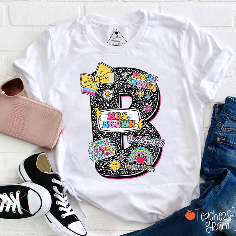 Personalized Notebook Style Letter Name Teacher T-Shirt