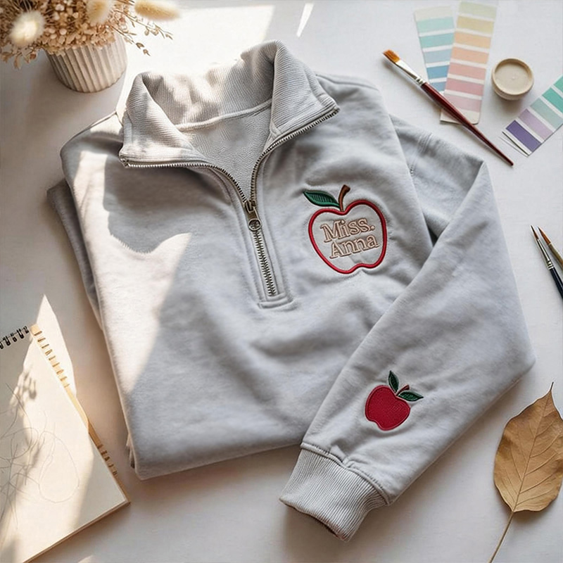 Personalized Name Embroidery Apple Teacher Quarter Zip Sweatshirt