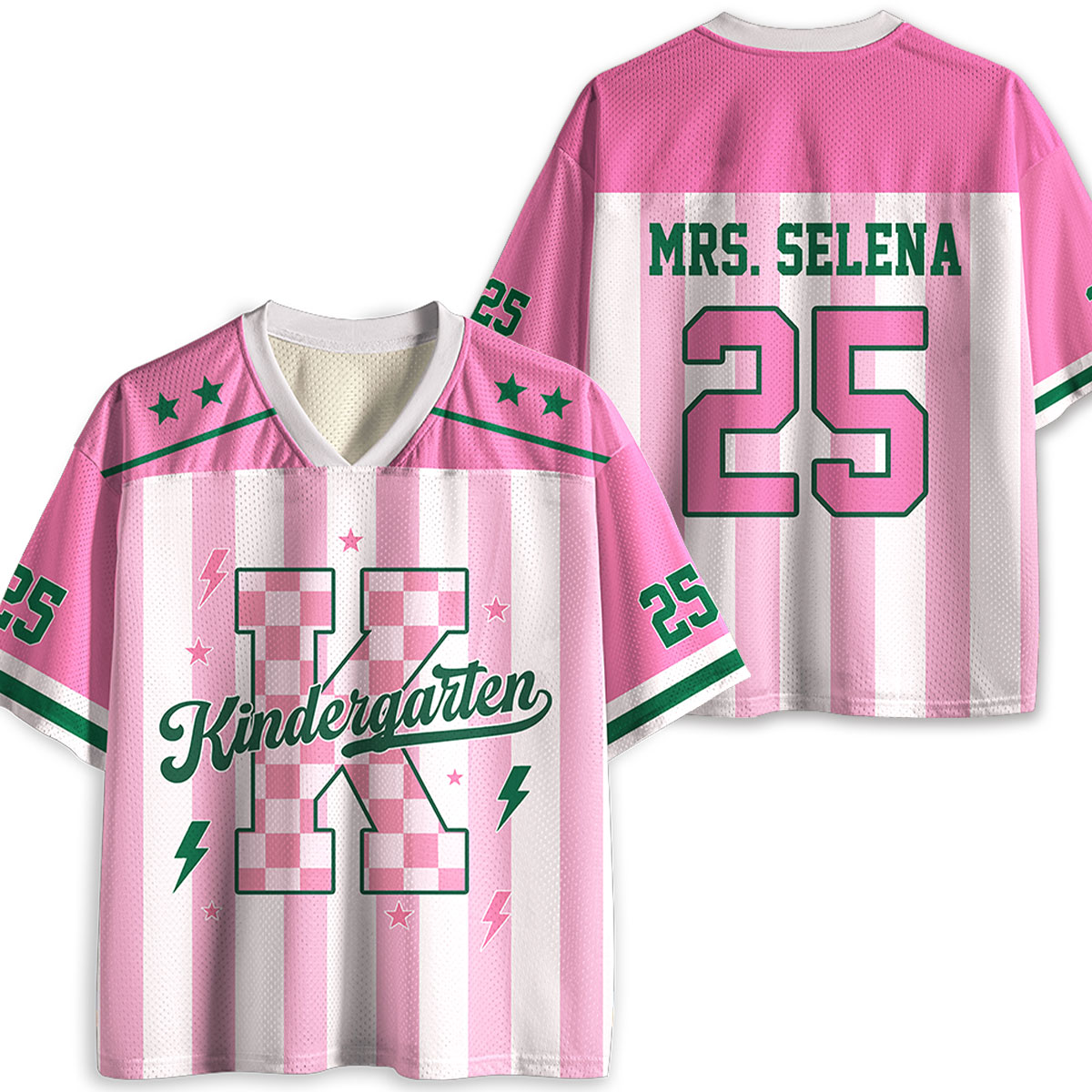 Personalized Grade Pastel Stripe Check Number Teacher Mesh Jersey