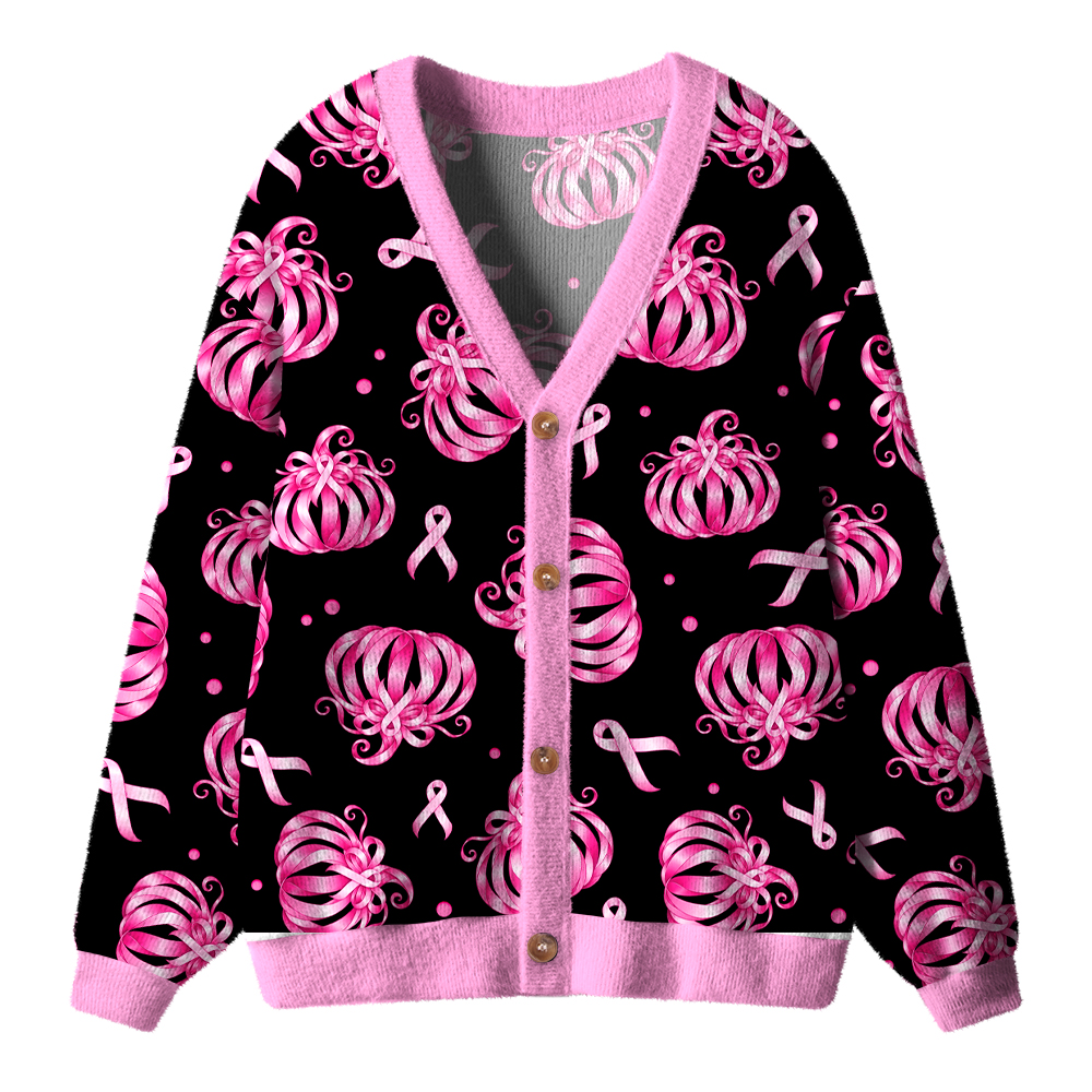 Pink Ribbon Bow Pumpkin Fall Teacher Ugly Cardigan Sweaters