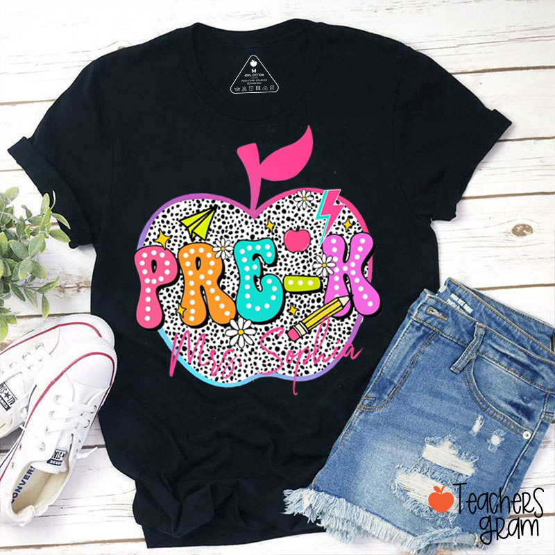 Personalized Name And Grade Spotted Print Apple Teacher T-Shirt