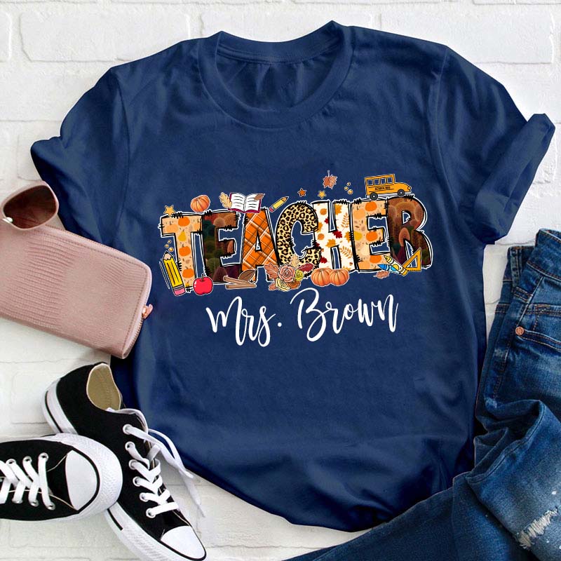 Personalized Name Autumn Crew Teacher T-Shirt