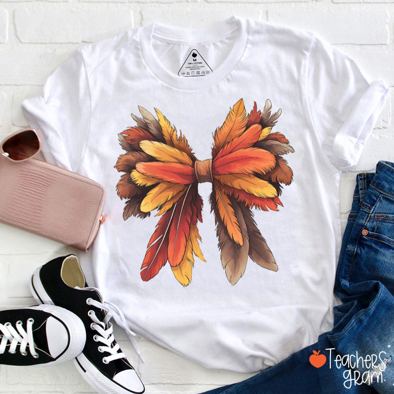 Turkey Feathers Bow Teacher T-Shirt