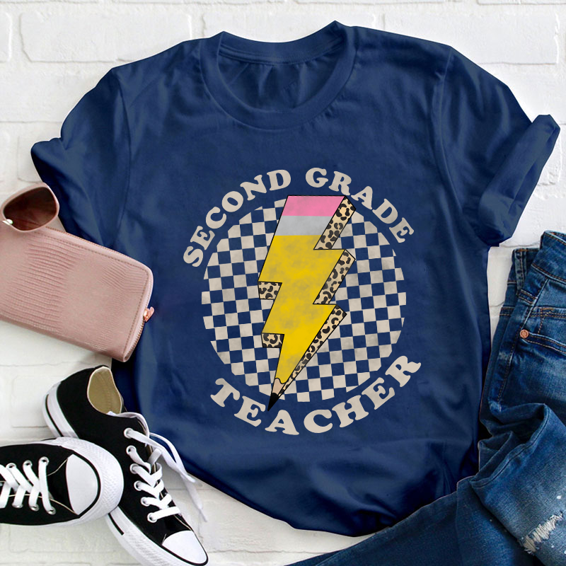 Personalized Grade Pencil Lighting Teacher T-Shirt