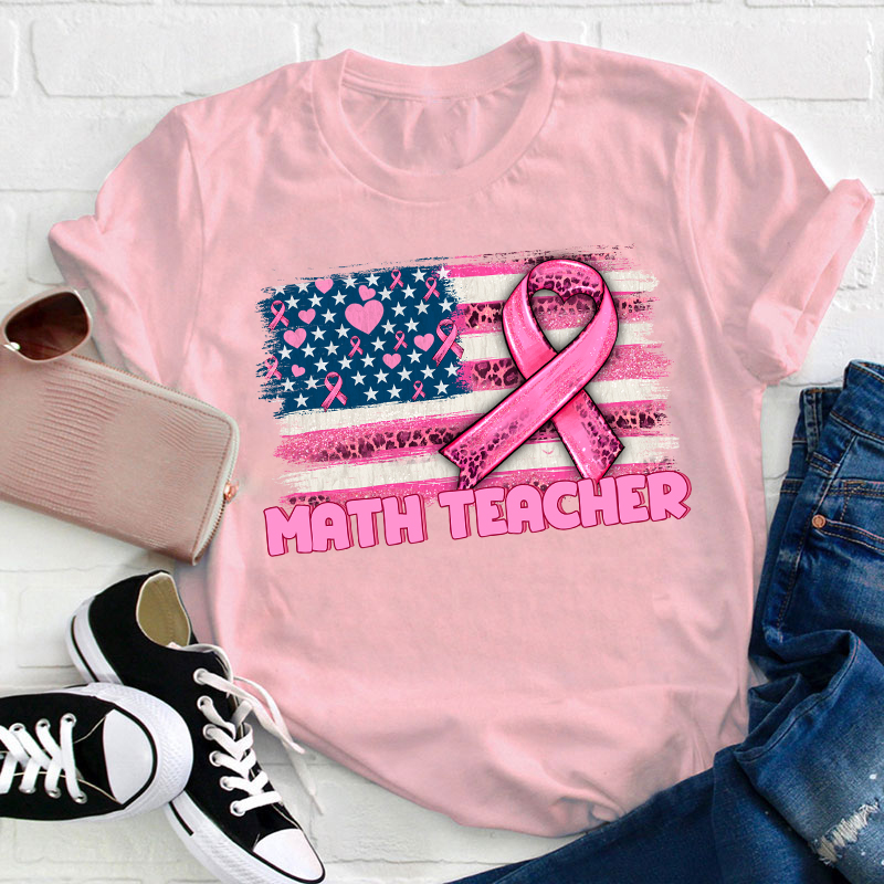 Personalized American Flag With Pink Ribbon Teacher T-Shirt