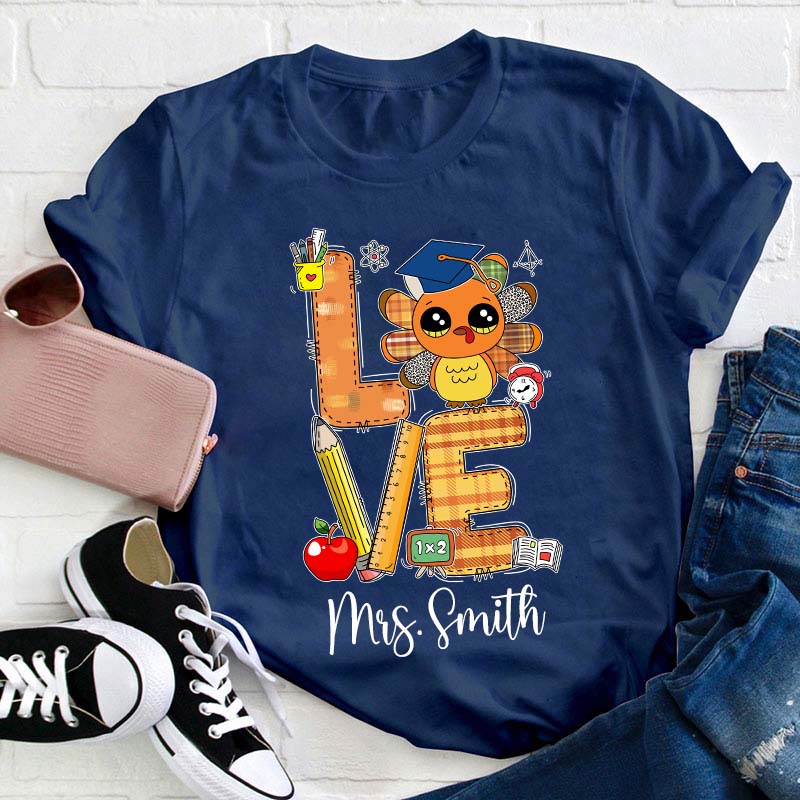 Personalized Name Thankful Cute Turkey Teacher T-Shirt