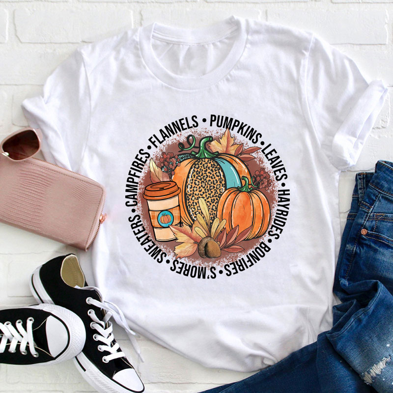 Pumpkin Leaves Hayrides Teacher T-Shirt