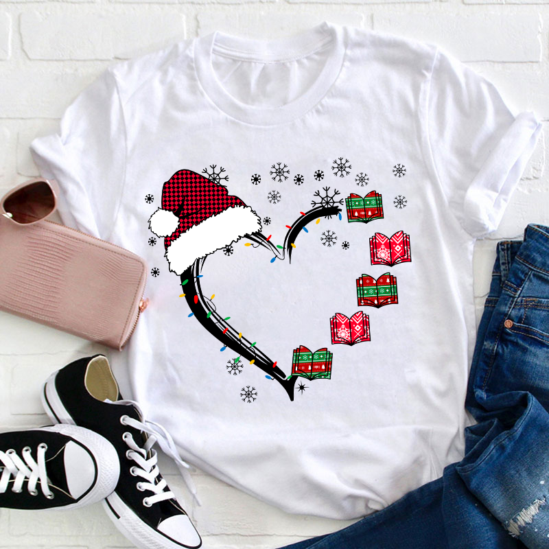 Christmas Books Heart Teacher T-Shirt