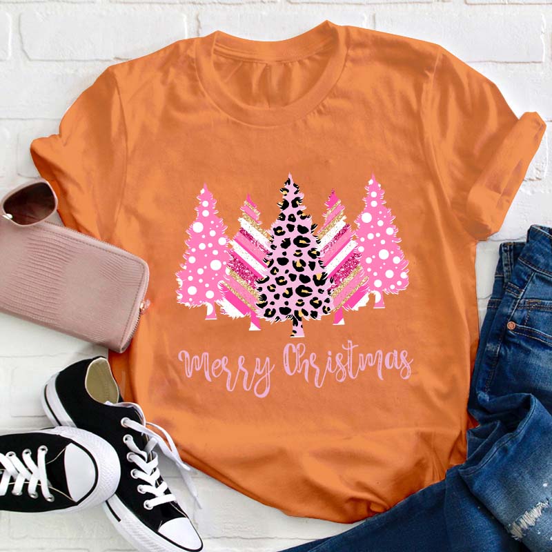 Merry Christmas Pink Christmas Trees Teacher T-Shirt