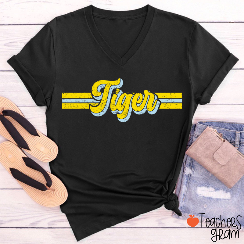 Personalized Mascot Contrast Color Line Teacher Female V-Neck T-Shirt