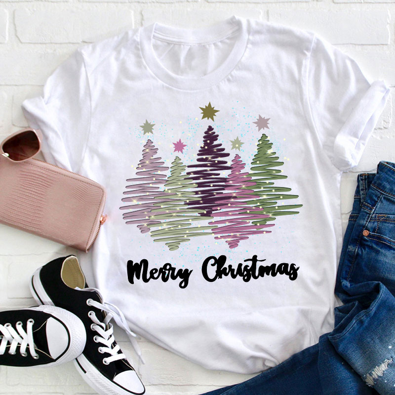 Merry Christmas Colorful Trees Teacher T-Shirt