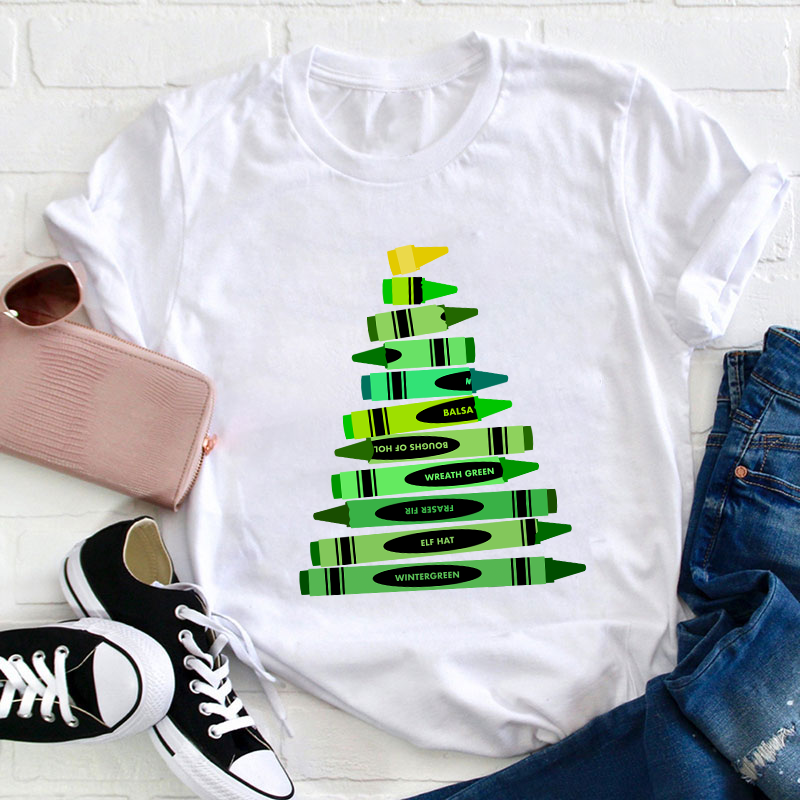 Green Crayon Christmas Tree Teacher T-Shirt