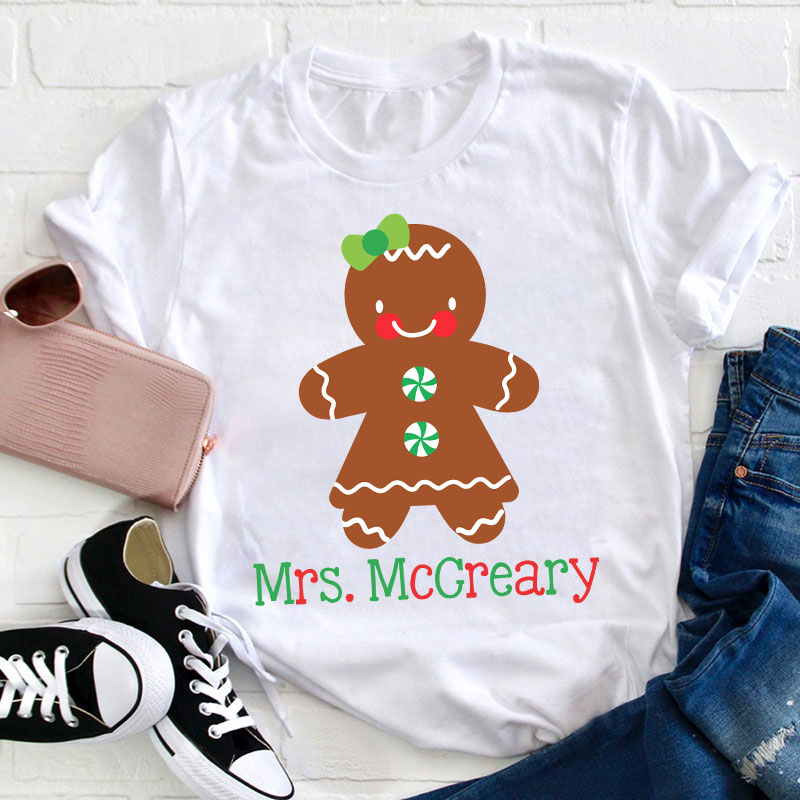 Personalized Name Cute Christmas Gingerbread Teacher T-Shirt