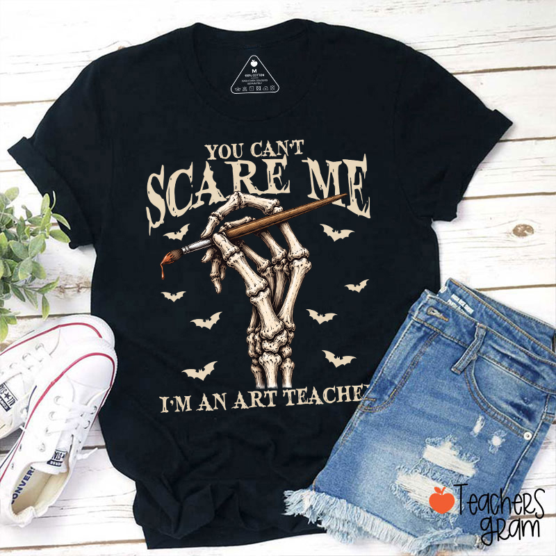 Personalized Subject You Can't Scare Me Halloween Skeleton Hand Subject Bats Graphic Teacher T‑Shirt