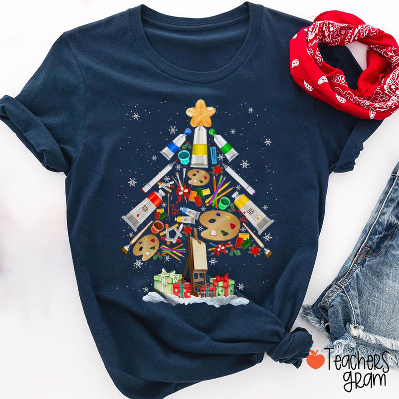 Paint Brush Christmas Tree Art Teacher T-Shirt