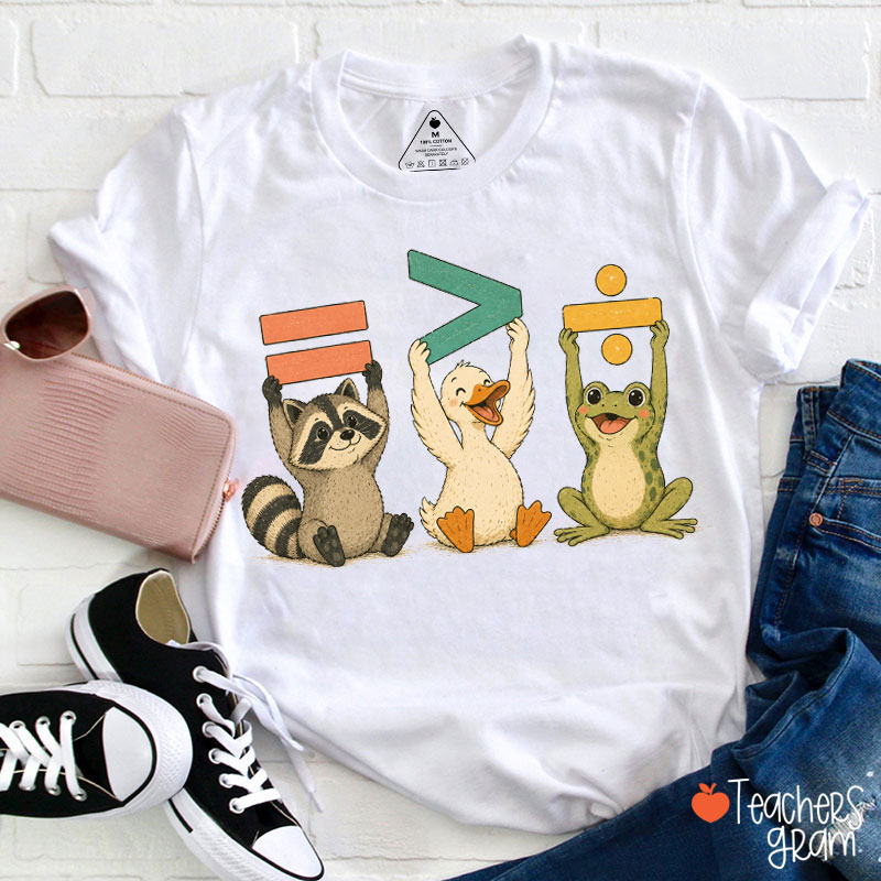 Cute Raccoon Duck Frog Equal Greater Than Division Math Symbol Teacher T-Shirt