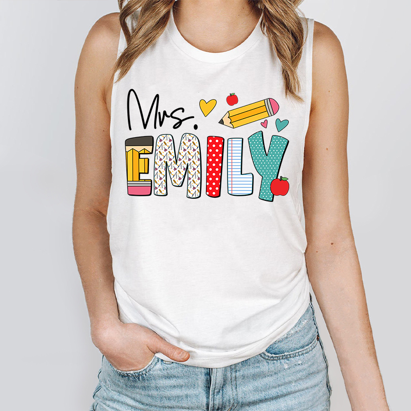 Personalized Teacher's Name Cute Pencil Icon Teacher Tank Top