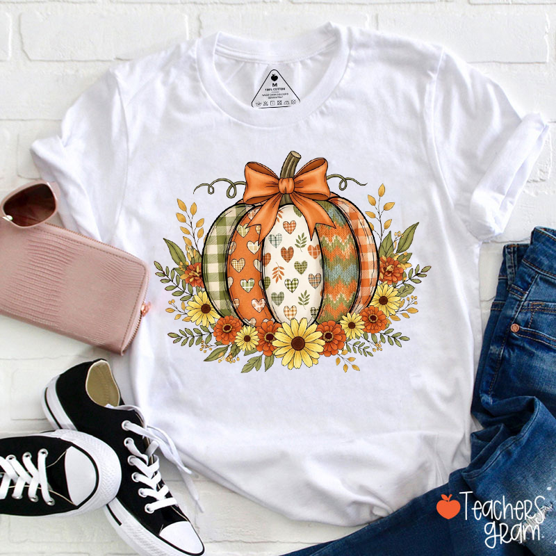 Fall Boho Floral Pumpkin Bow Teacher T-Shirt