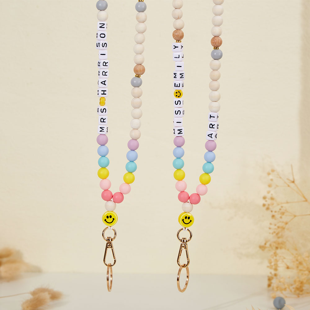 Personalized Rainbow Beads Smiley Face Teacher  Lanyard
