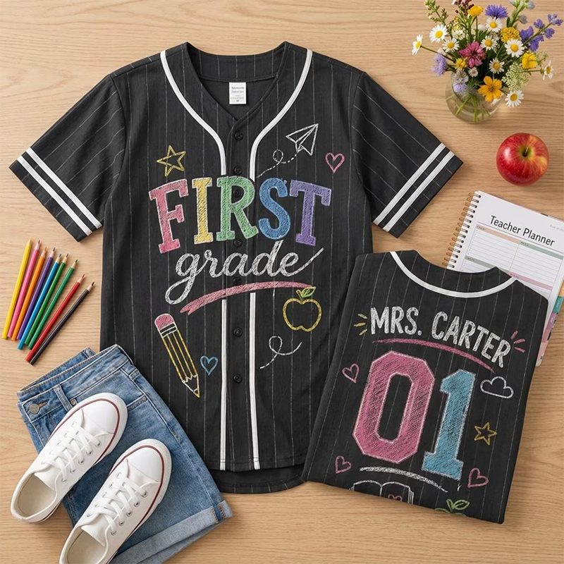 Personalized Grade Name And Number Pinstripe Striped Teacher Baseball Jersey