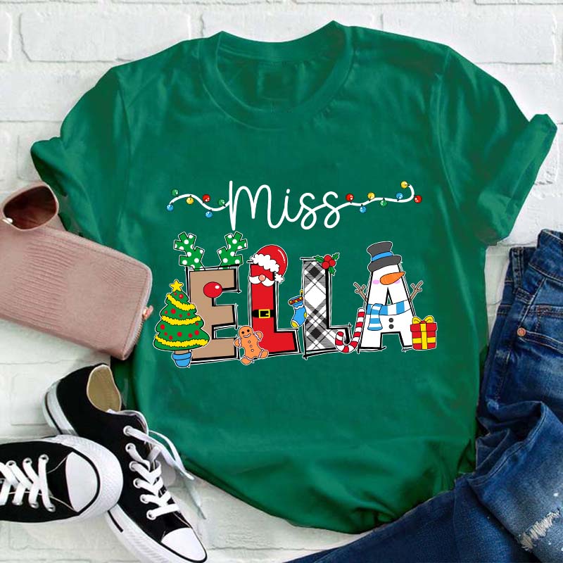 Personalized Name Cute Christmas Elements Teacher T-Shirt