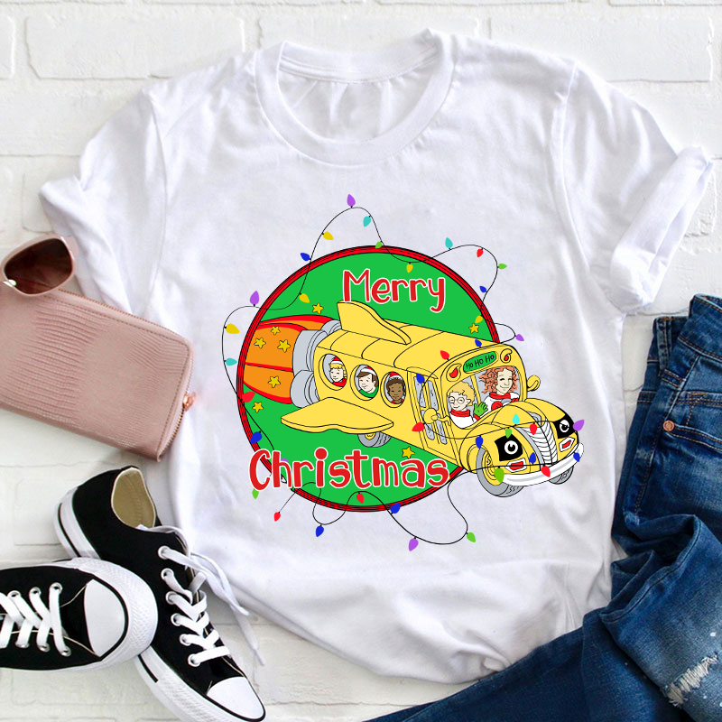 School Bus Merry Christmas Teacher T-Shirt Sale-Teachersgram