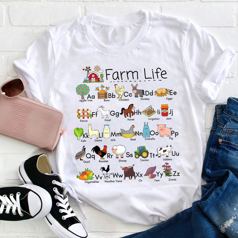 Farm Life Alphabet Teacher T-Shirt Sale-Teachersgram