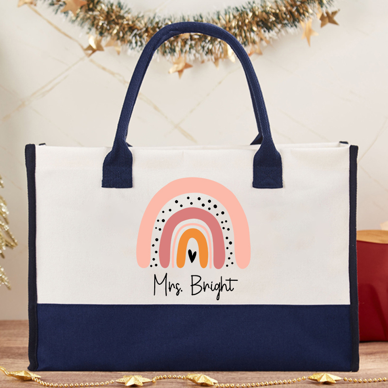 Personalized Pink Rainbow Teacher Cotton Tote Bag
