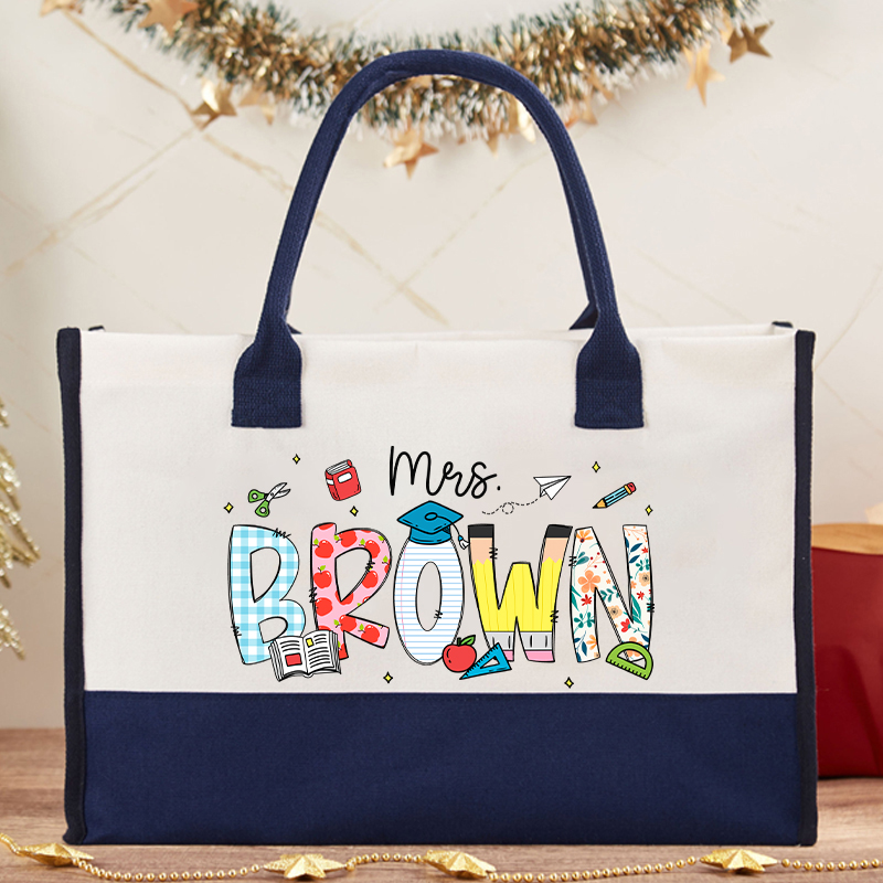 Personalized Name Cartoon Stationery Teacher Cotton Tote Bag