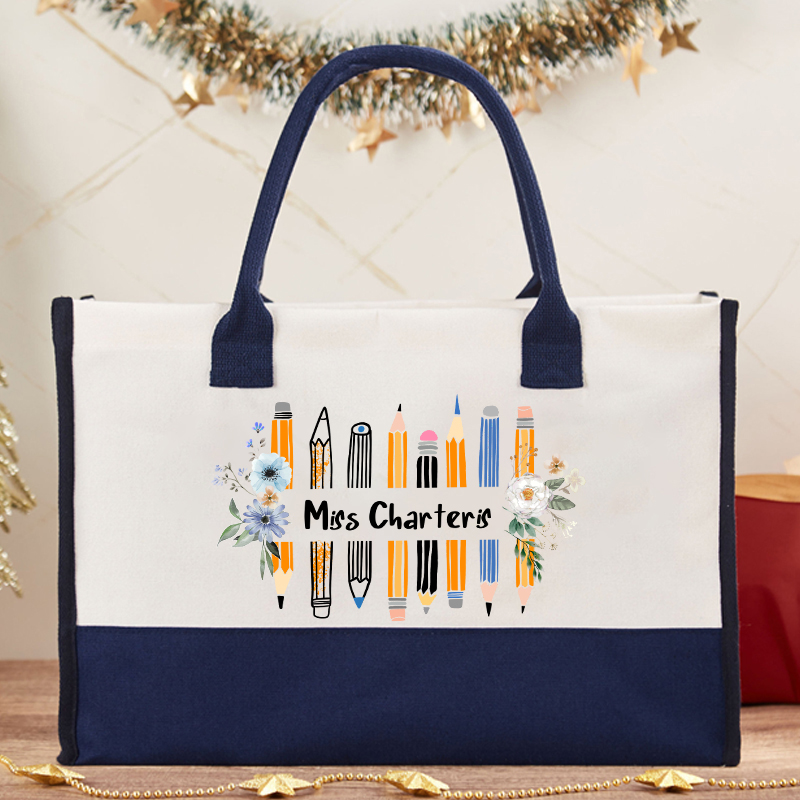 Personalized Name Colored Pencil Flowers Teacher Cotton Tote Bag