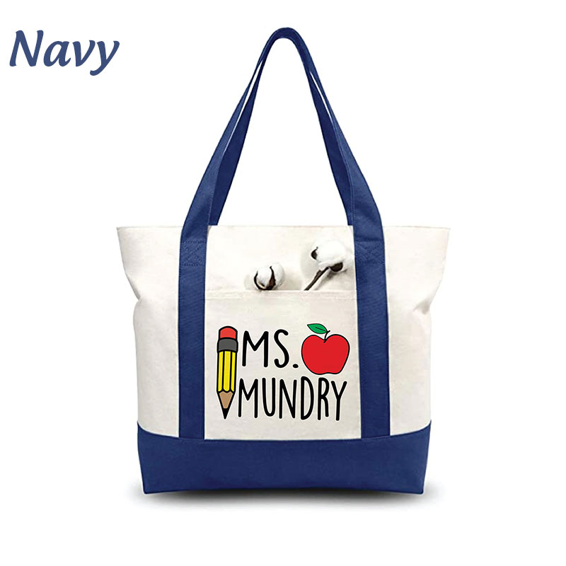Personalized Pencil Apple Teacher Color Block Tote Bag