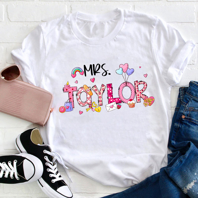 Personalized Pink Love Valentine Teacher T-Shirt Sale-Teachersgram