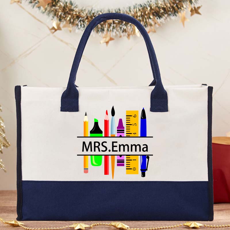 Personalized Name Crayon Pencil Brush Stationery Teacher Cotton Tote Bag