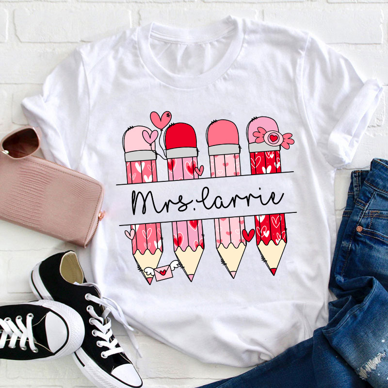 Personalized Pink Pencil Name Teacher T-Shirt