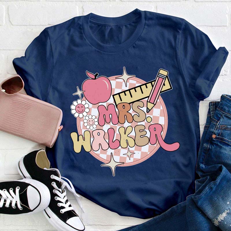 Personalized Pink Checkerboard Teacher T-Shirt