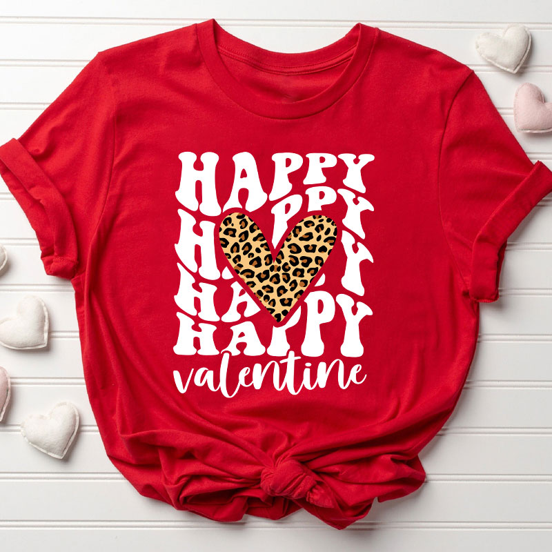Happy Happy Valentine Leopard Heart Teacher T-Shirt Sale-Teachersgram
